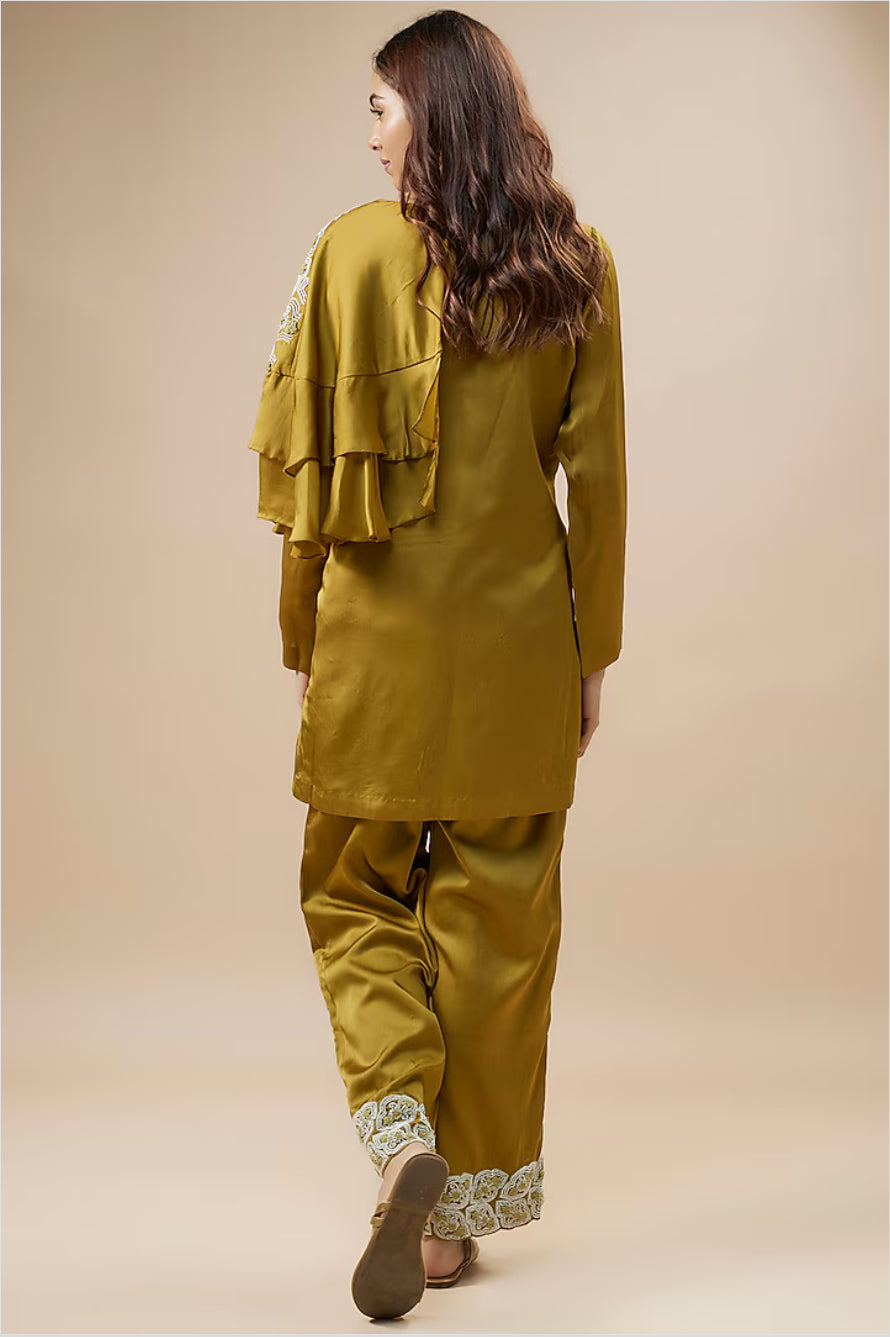 Olive ruffle sleeve kurta set