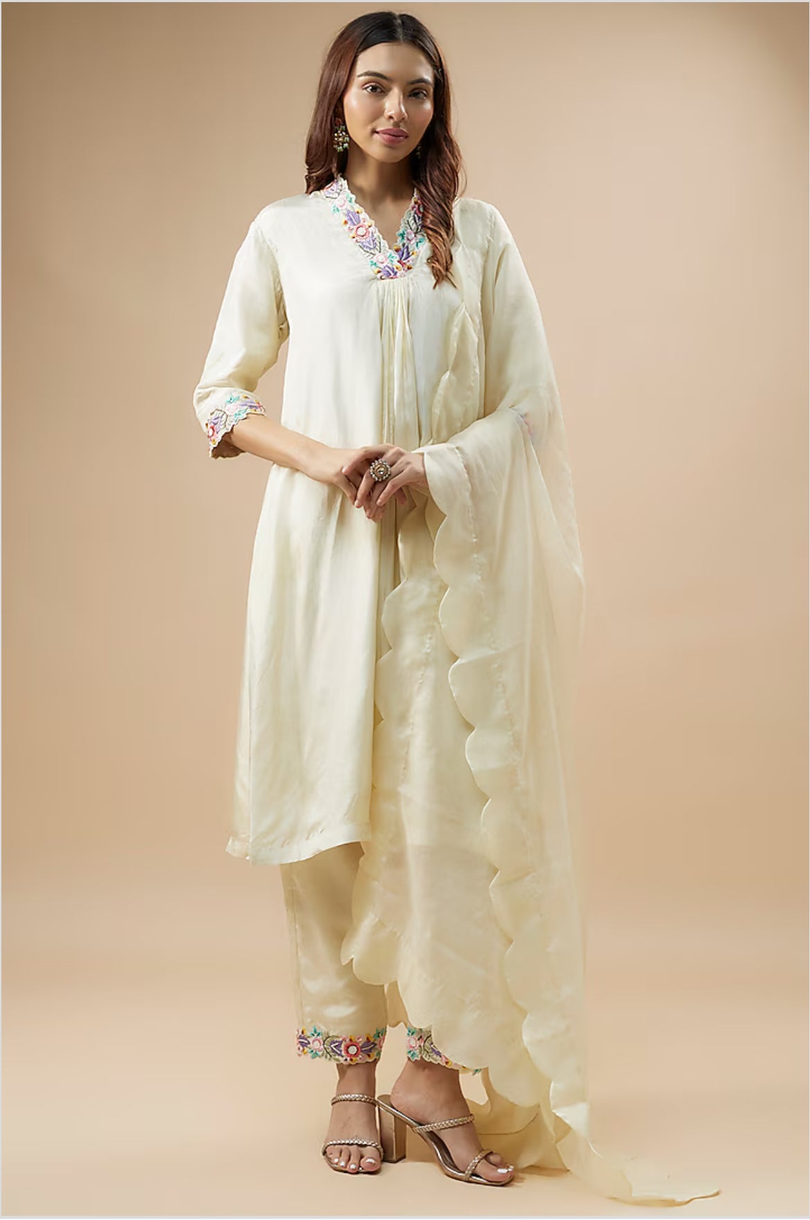 Ivory kurti set with scallop dupatta