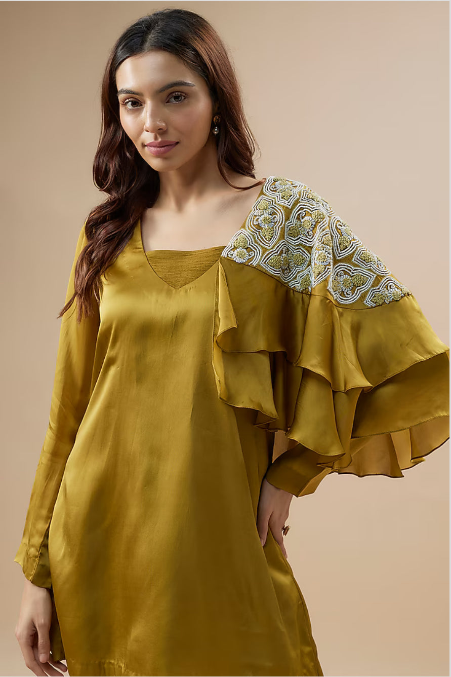 Olive ruffle sleeve kurta set