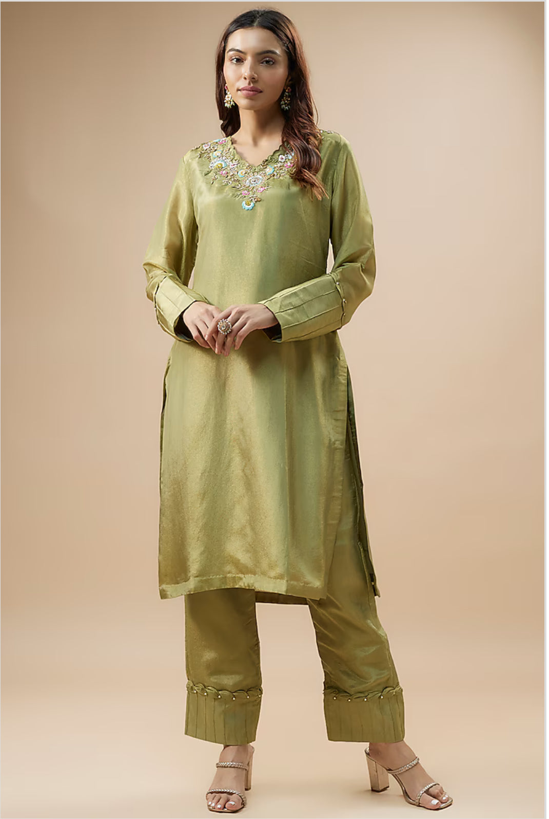 Olive tissue kurti set