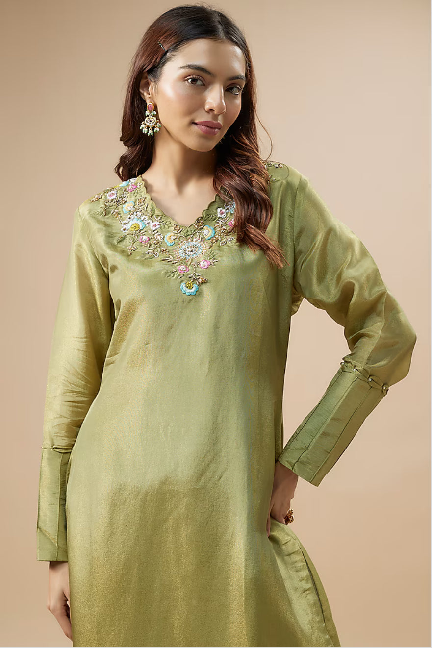 Olive tissue kurti set