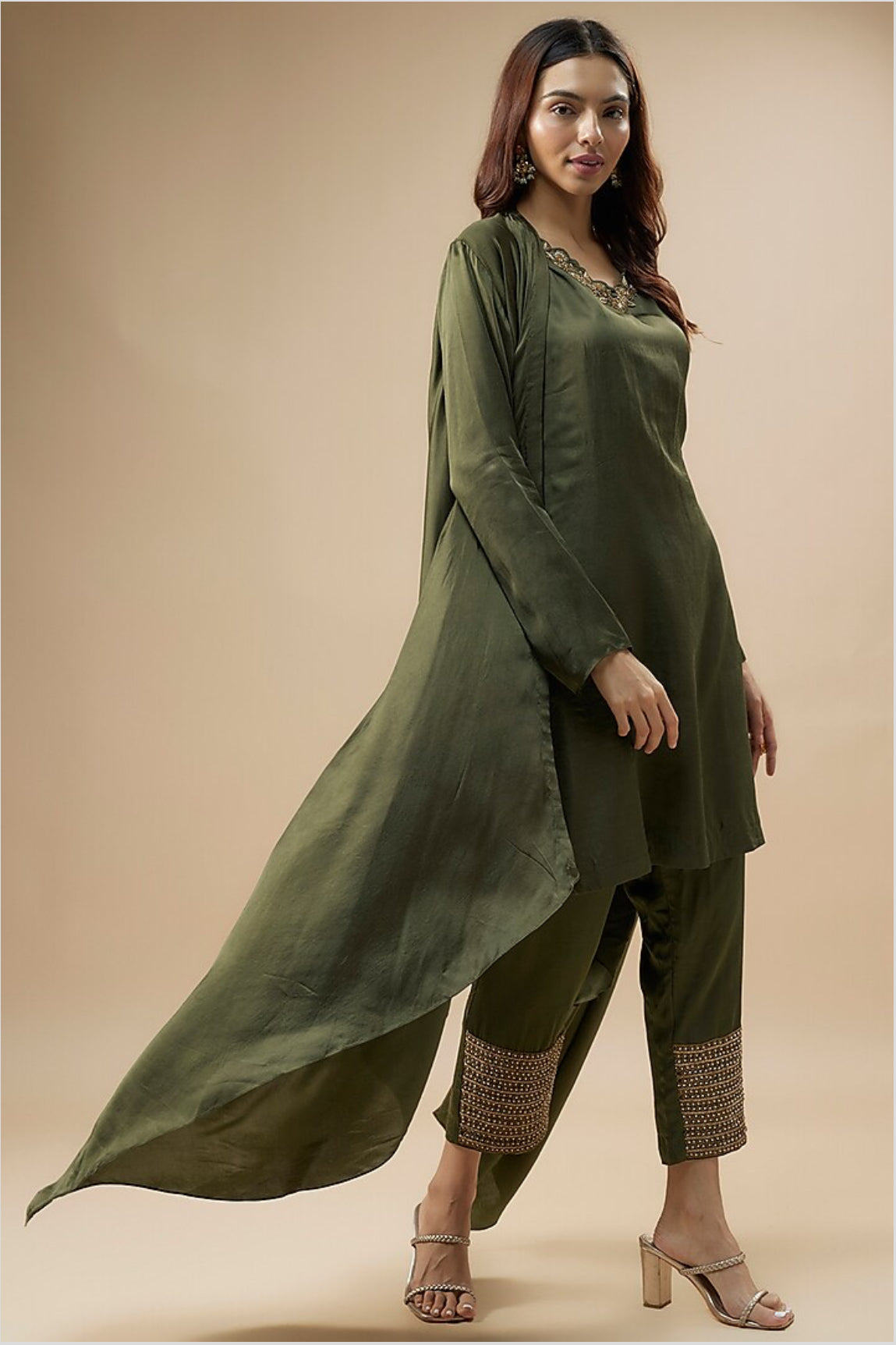 Green long jacket kurti set