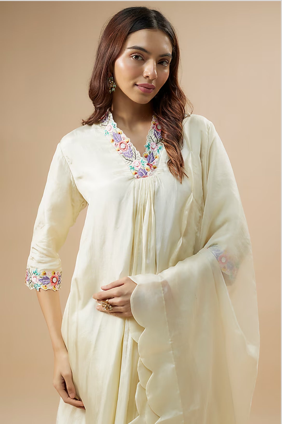 Ivory kurti set with scallop dupatta