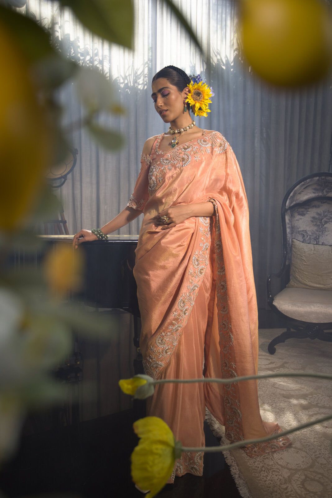 Buy Grey Silk Cotton Woven Floral Pattern Floret Zari Work Saree For Women  by Samyukta Singhania Online at Aza Fashions.