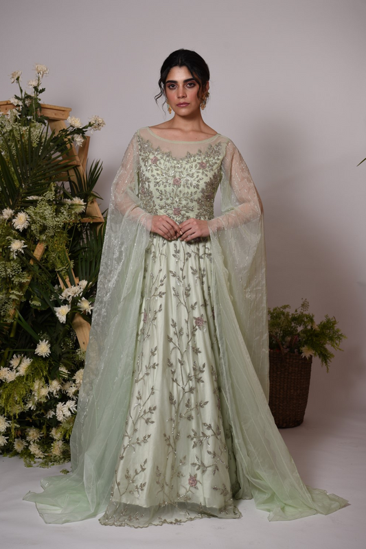 Mint green trailing sleeves gown