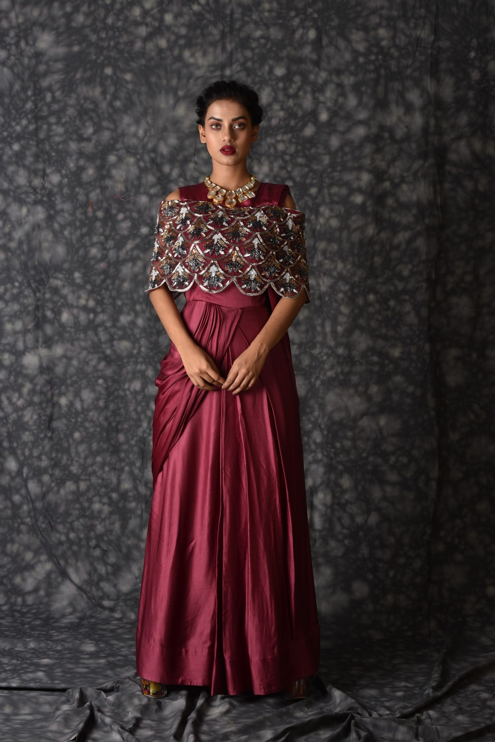 Maroon short cape gown