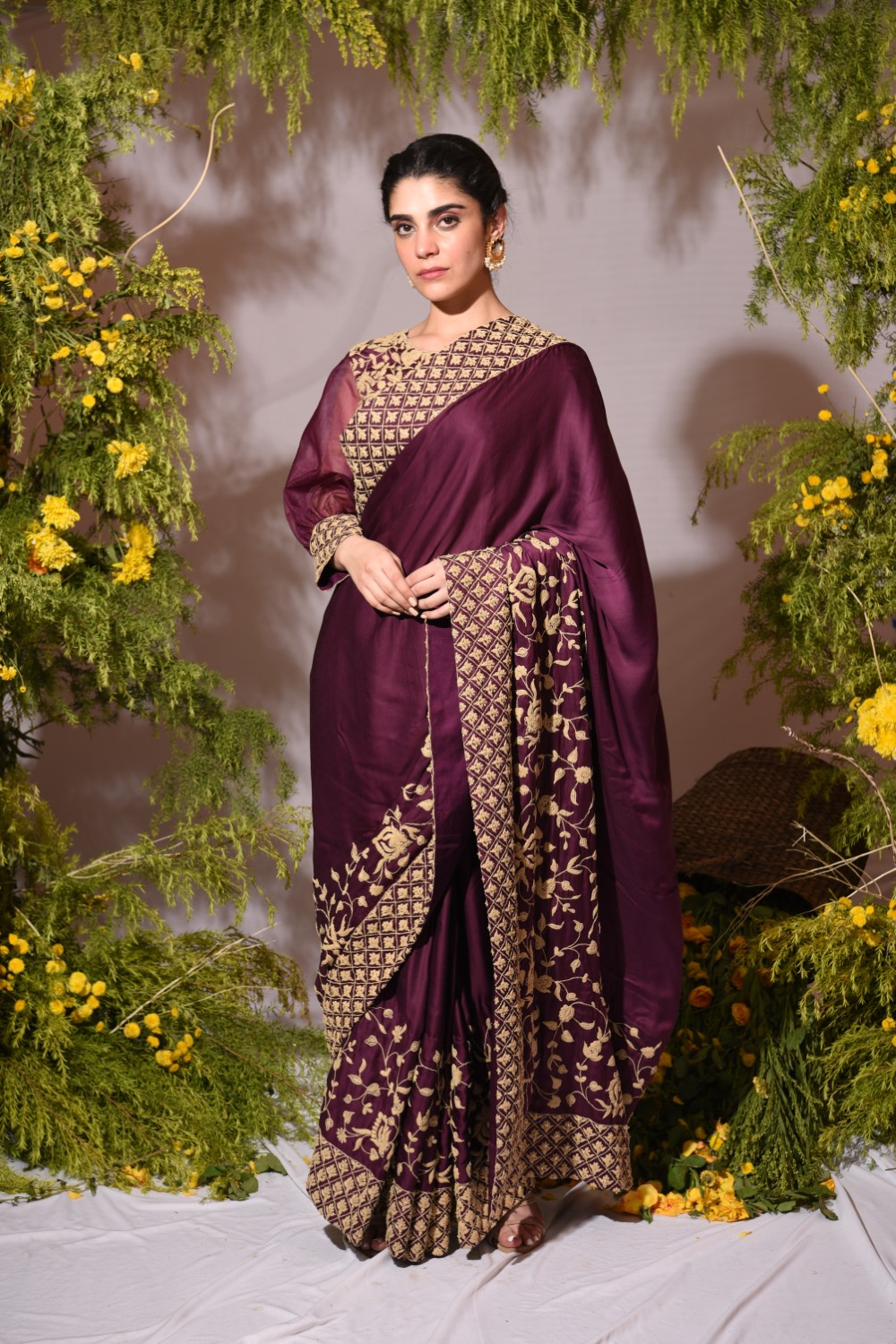 Wine embroidered sari with blouse