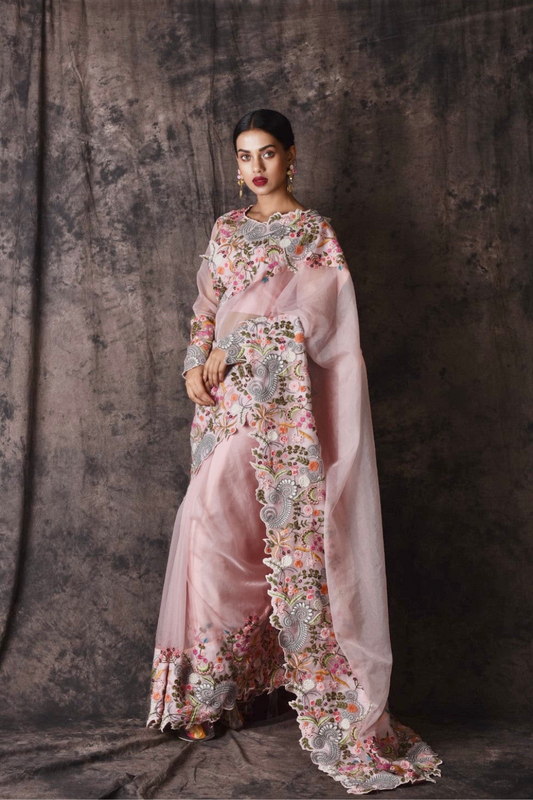 Baby pink embroidered sari with blouse