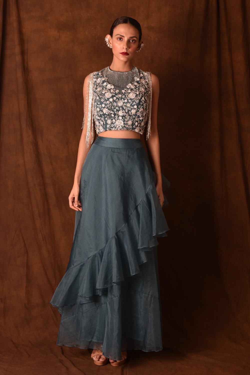 Teal blue embellished frill skirt with crop top  set