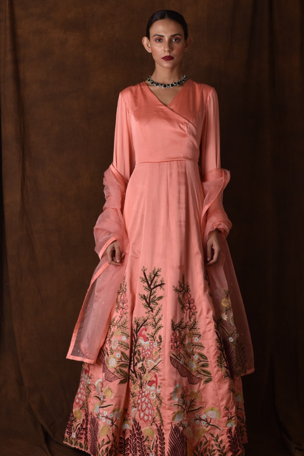 Peach embroidered anarkali gown set