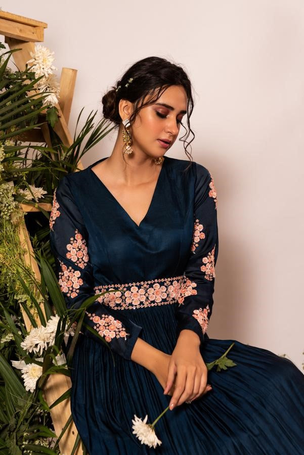 Navy blue gown with belt and dupatta