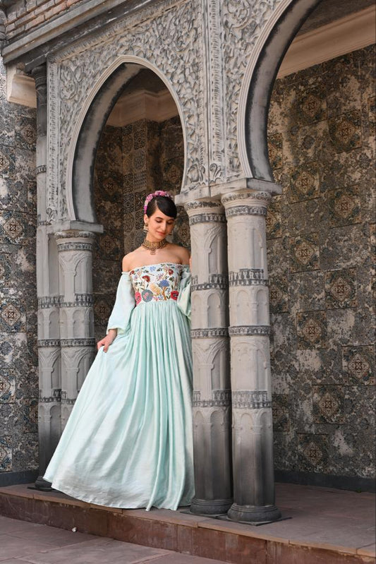 Powder blue off shoulder gown