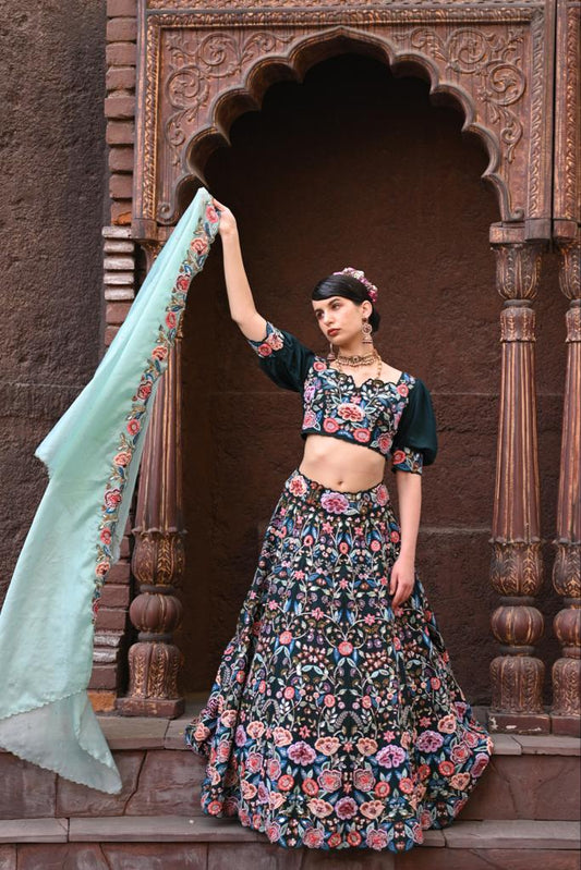 Bottle green embroidered and embellished heavy lehenga set