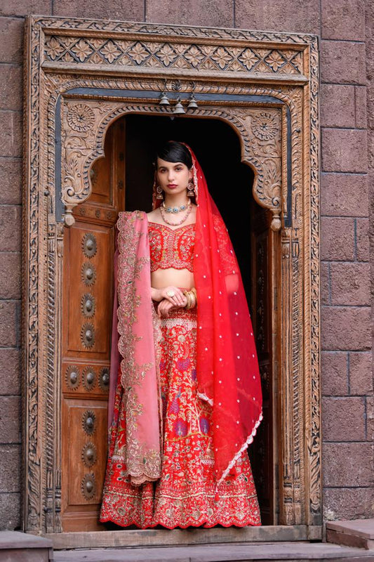 Red bridal boat embroidered lehenga set