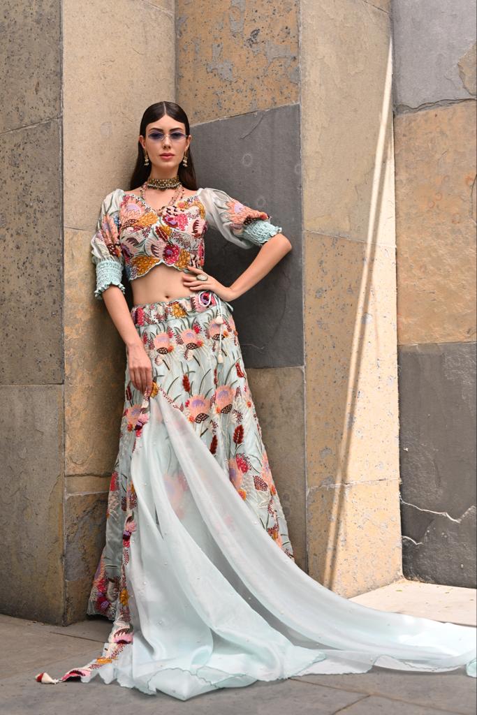 Buy Blue Organza And Net Embellished Bead One Shoulder Lehenga Set For  Women by Mirroir Online at Aza Fashions.