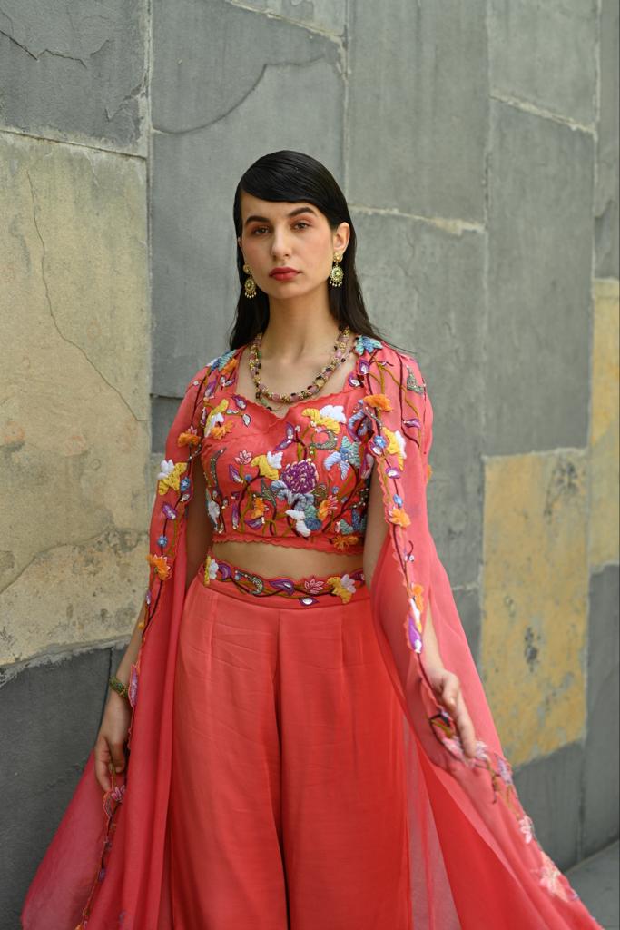 Coral embroidered bell bottom pant with crop top and cape