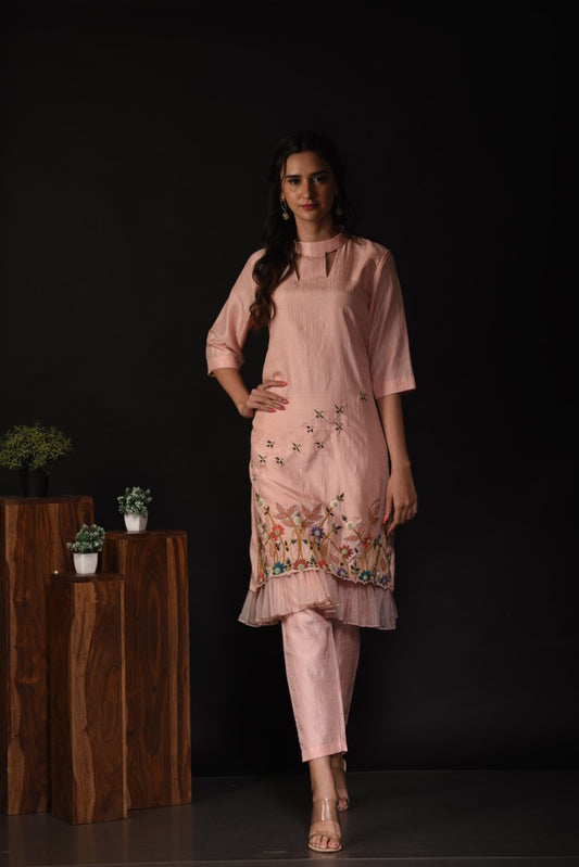 Peach frill kurti set