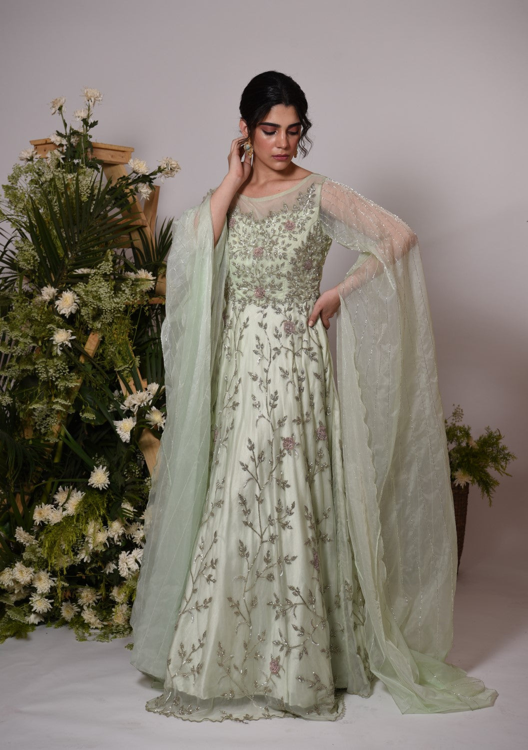 Mint green trailing sleeves gown
