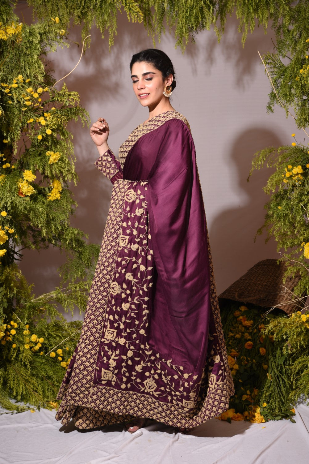 Wine embroidered sari with blouse