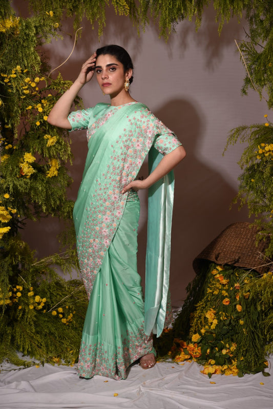 Green embellished sari