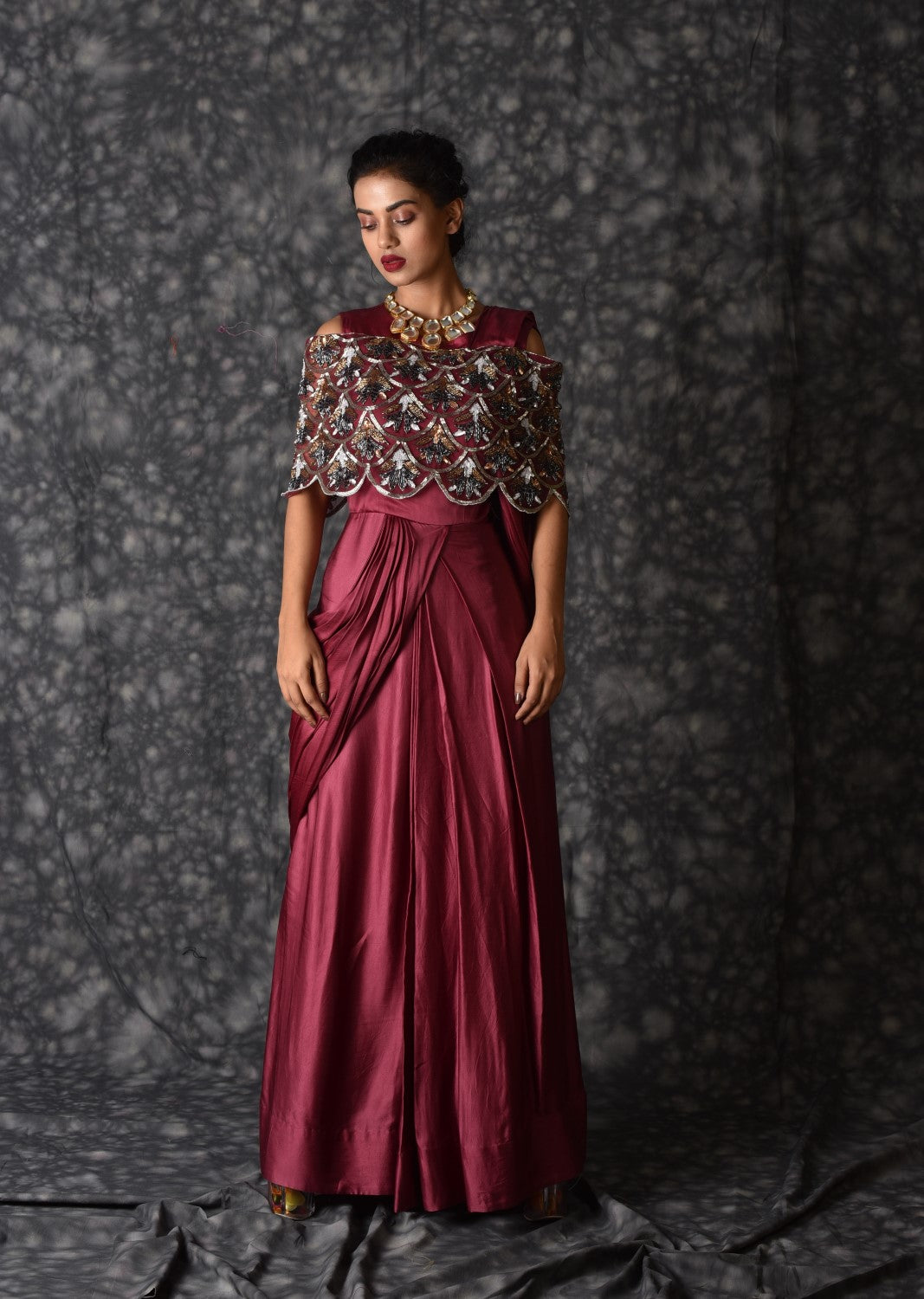 Maroon short cape gown