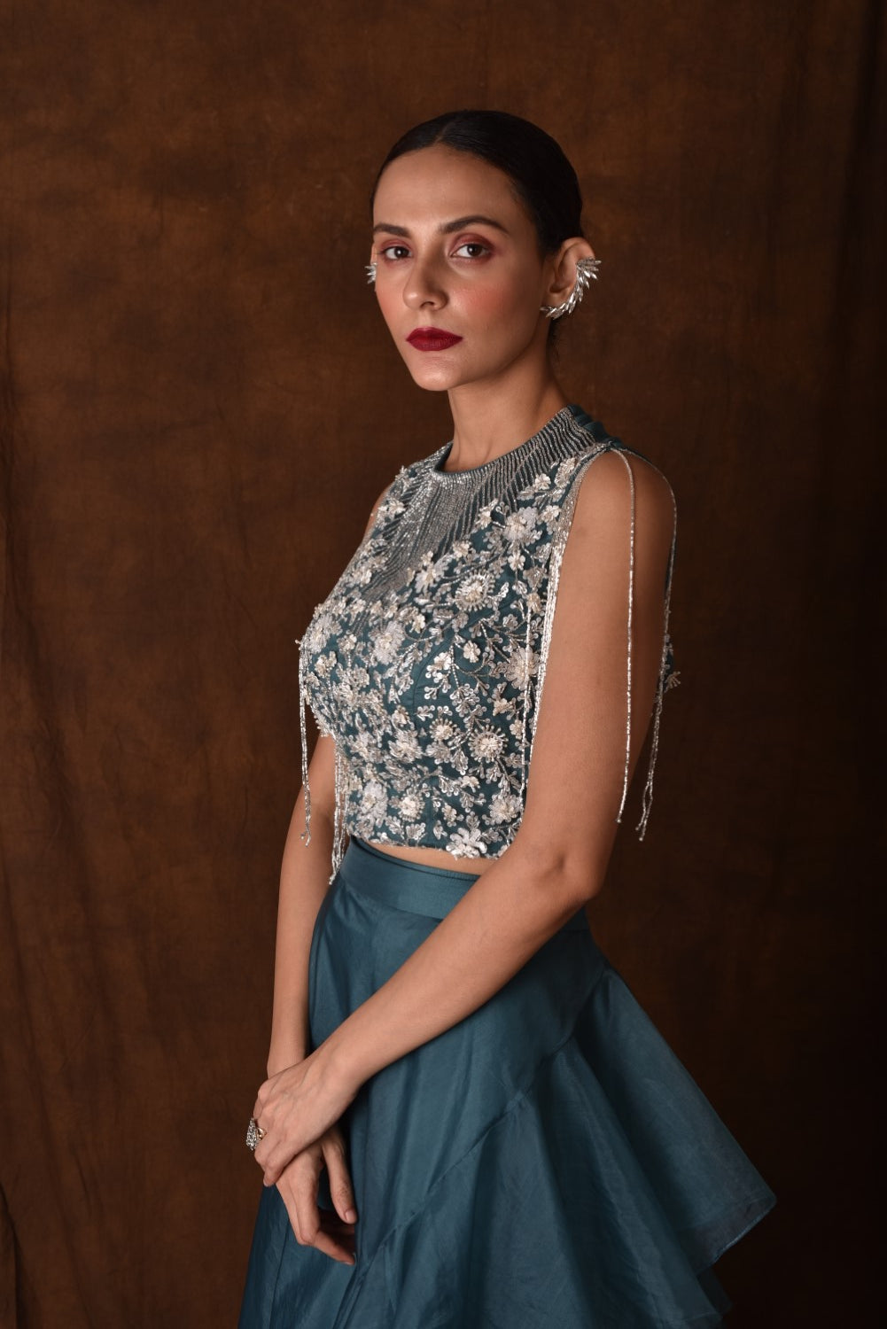 Teal blue embellished frill skirt with crop top  set