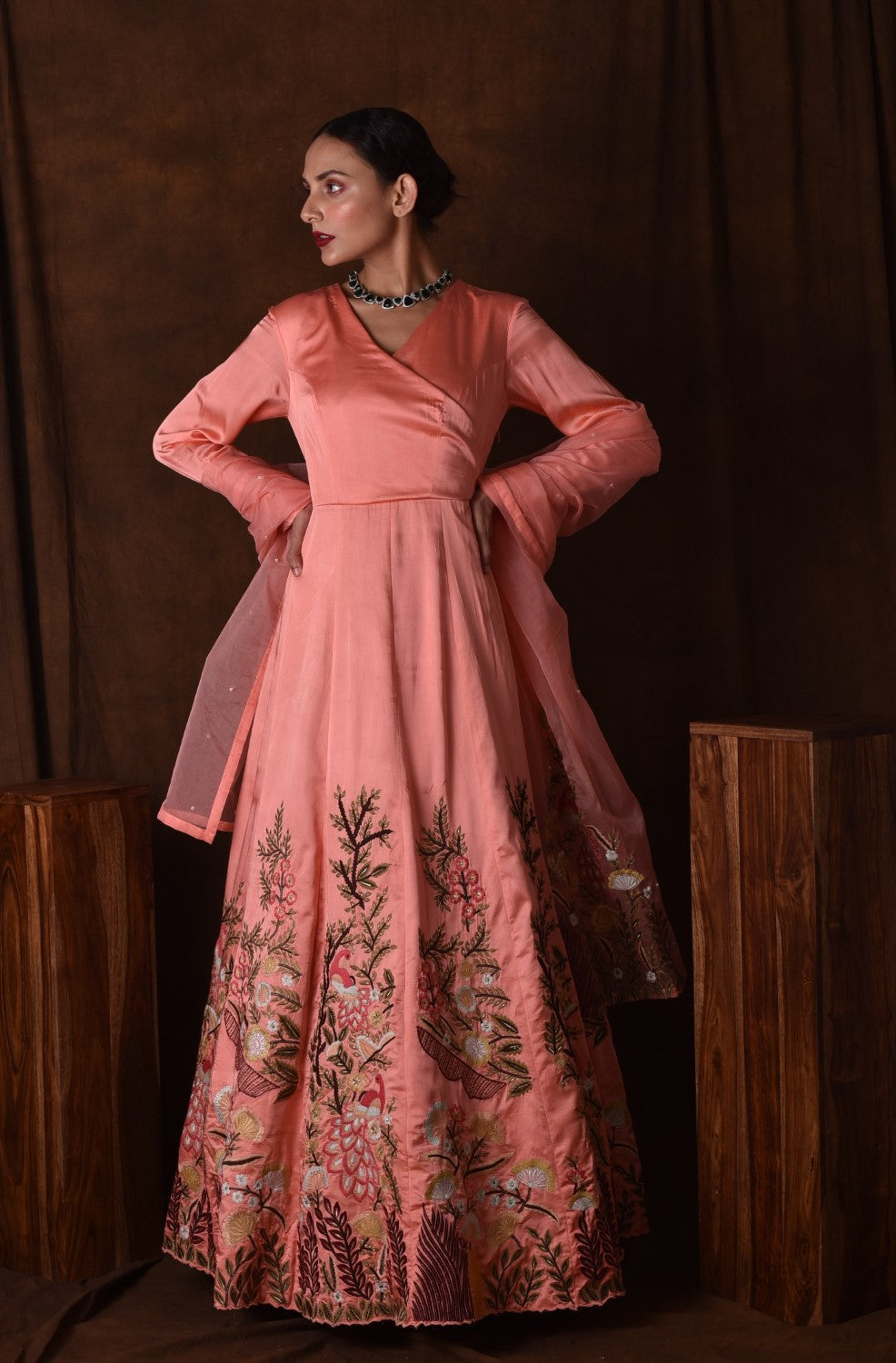Peach embroidered anarkali gown set