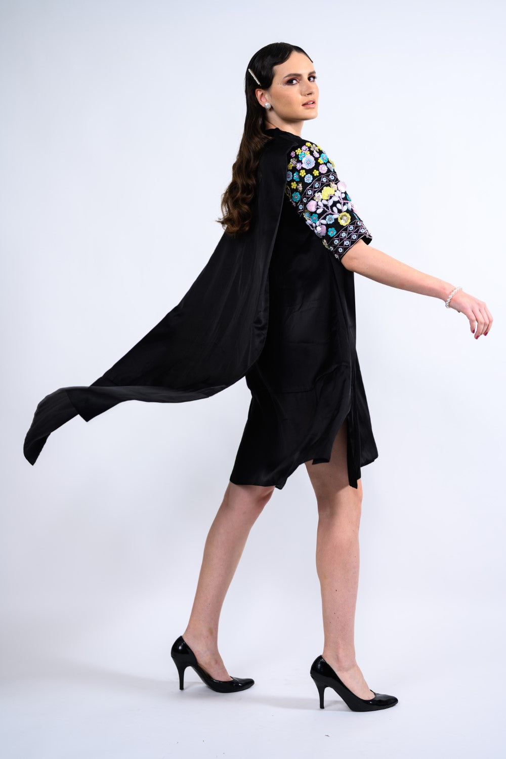 Attached Cape With Sleeves Embellished One Piece