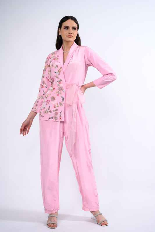 Pastel Pink Blazer Embellished Jumpsuit With Tie Up Details