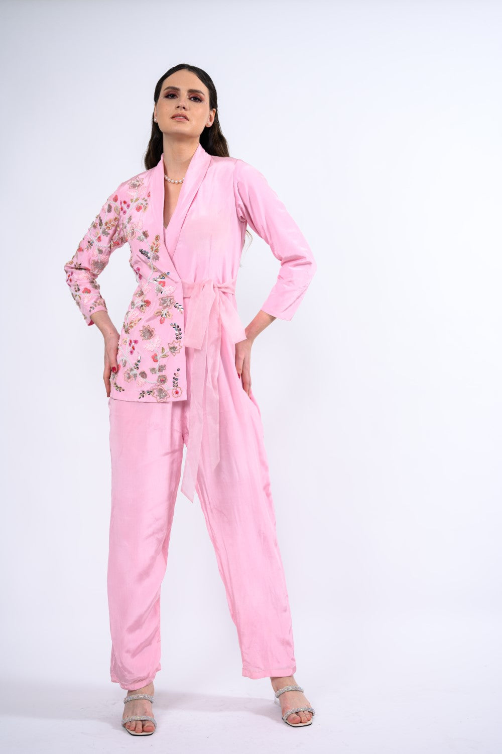 Pastel Pink Blazer Embellished Jumpsuit With Tie Up Details