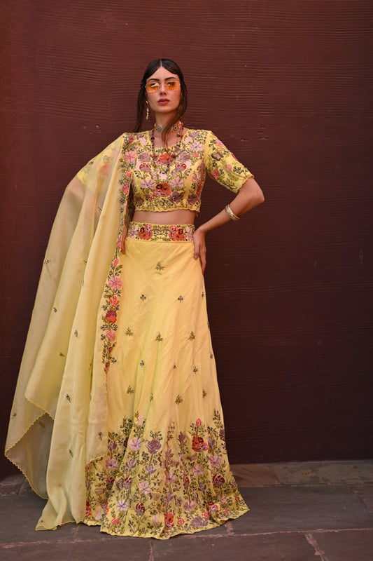 Lemon yellow  embroidered lehenga set