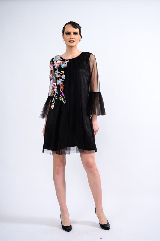Black Frill Sleeve Sheer Short Dress
