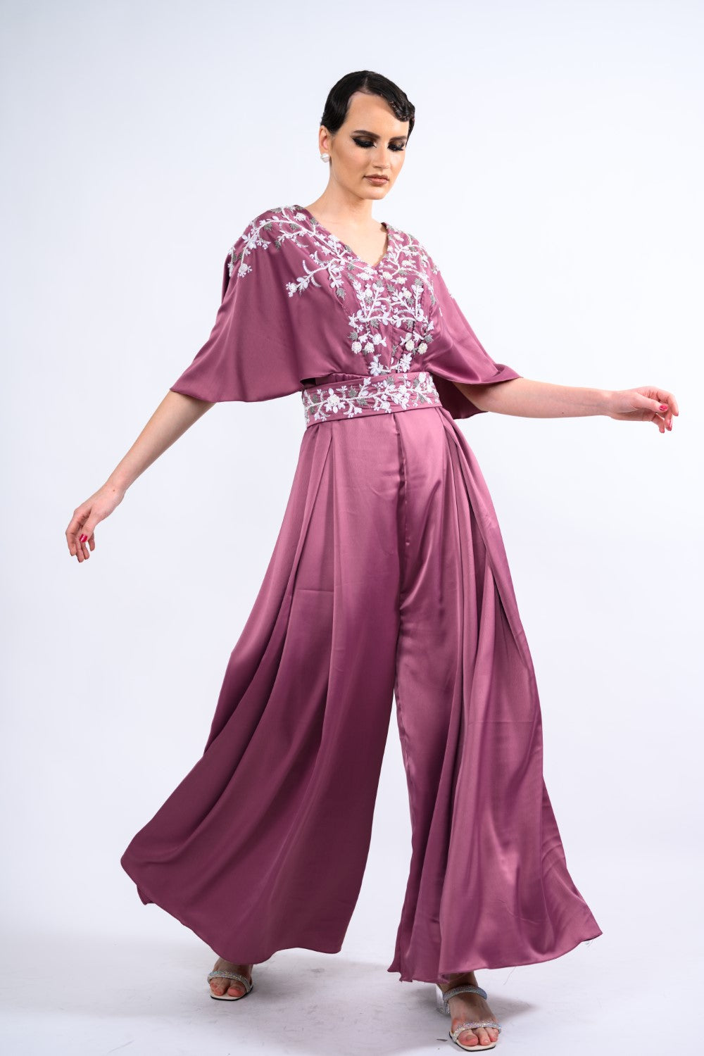 Mauve White Embellished Kaftan Jumpsuit