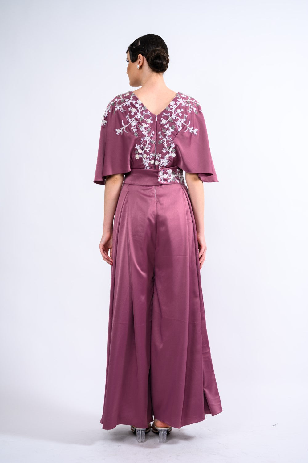 Mauve White Embellished Kaftan Jumpsuit