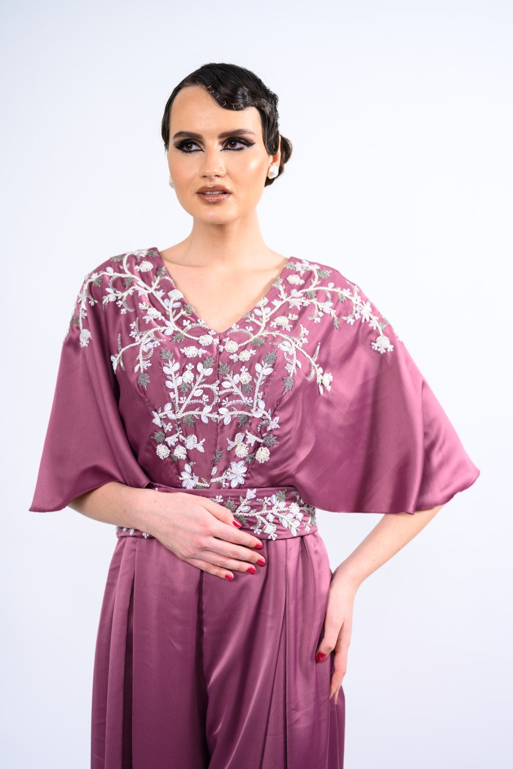 Mauve White Embellished Kaftan Jumpsuit