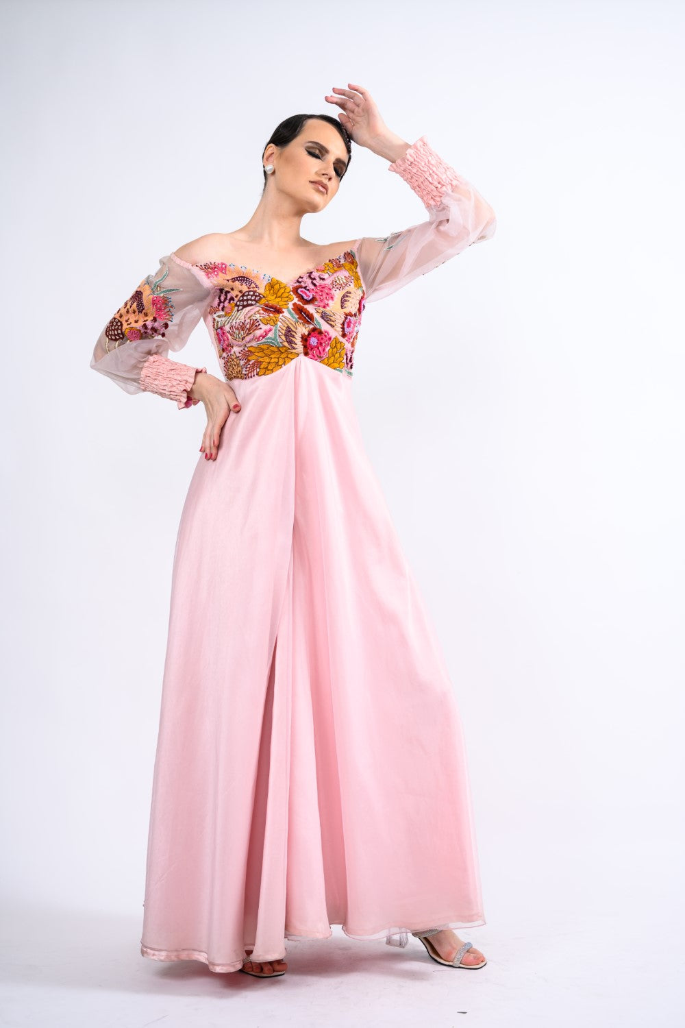 Pink Off-shoulder Embroidered Jumpsuit