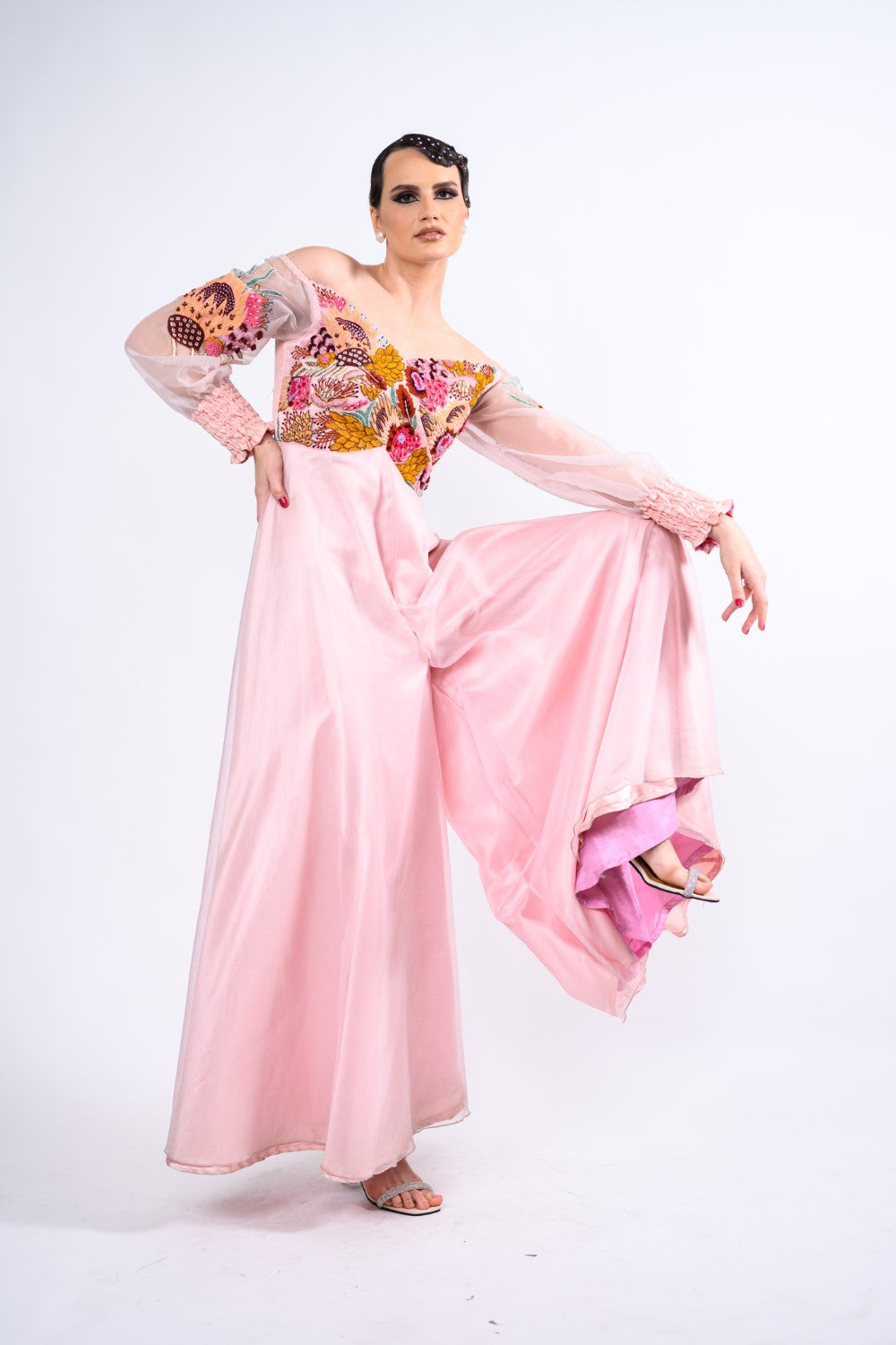 Pink Off-shoulder Embroidered Jumpsuit