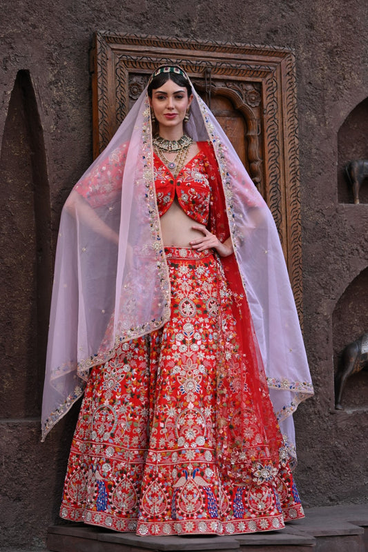 Red peacock embroidered bridal lehenga set