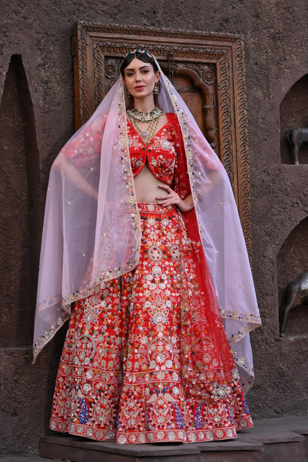 Red peacock embroidered bridal lehenga set