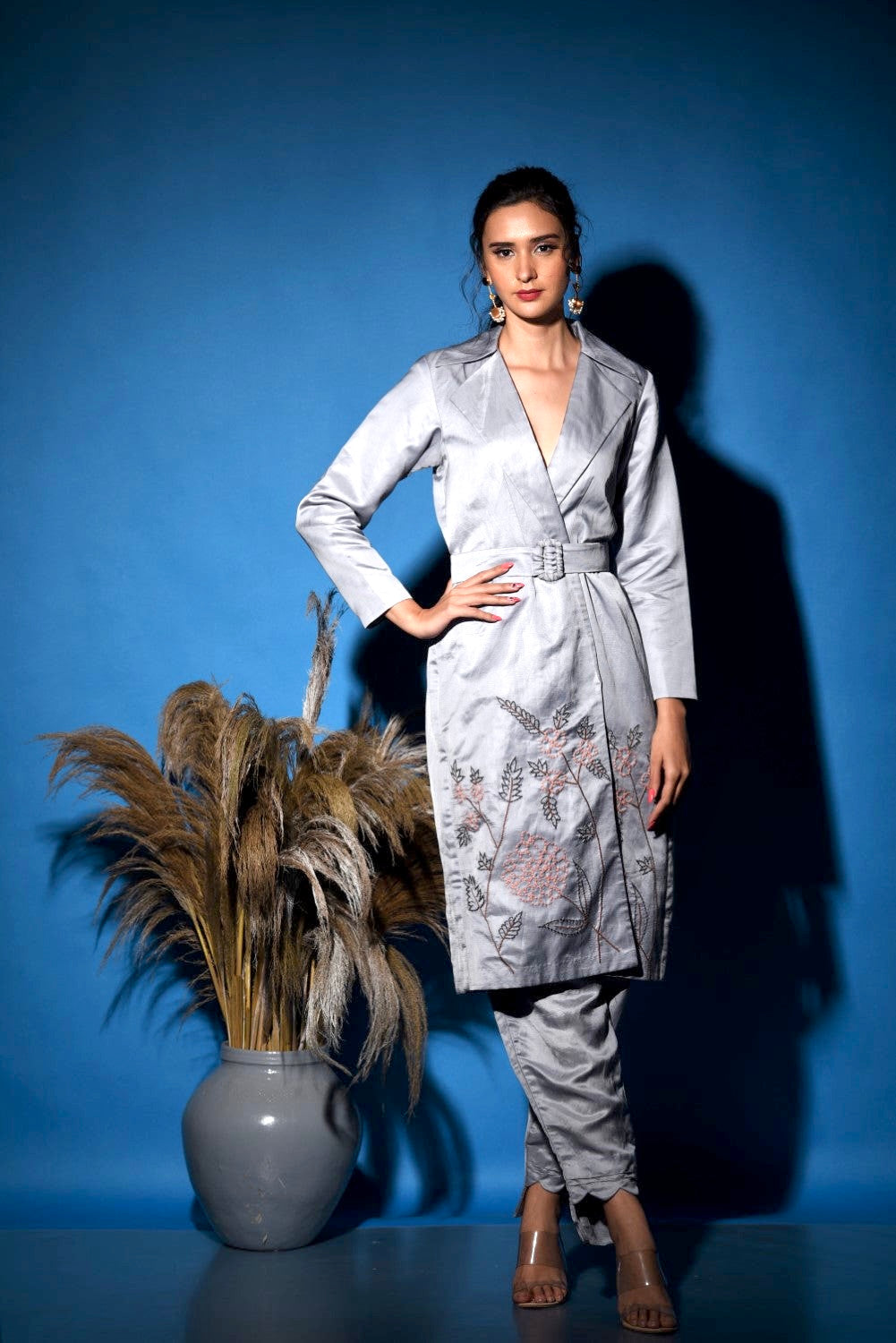 Grey embroidered trench coat style kurti set