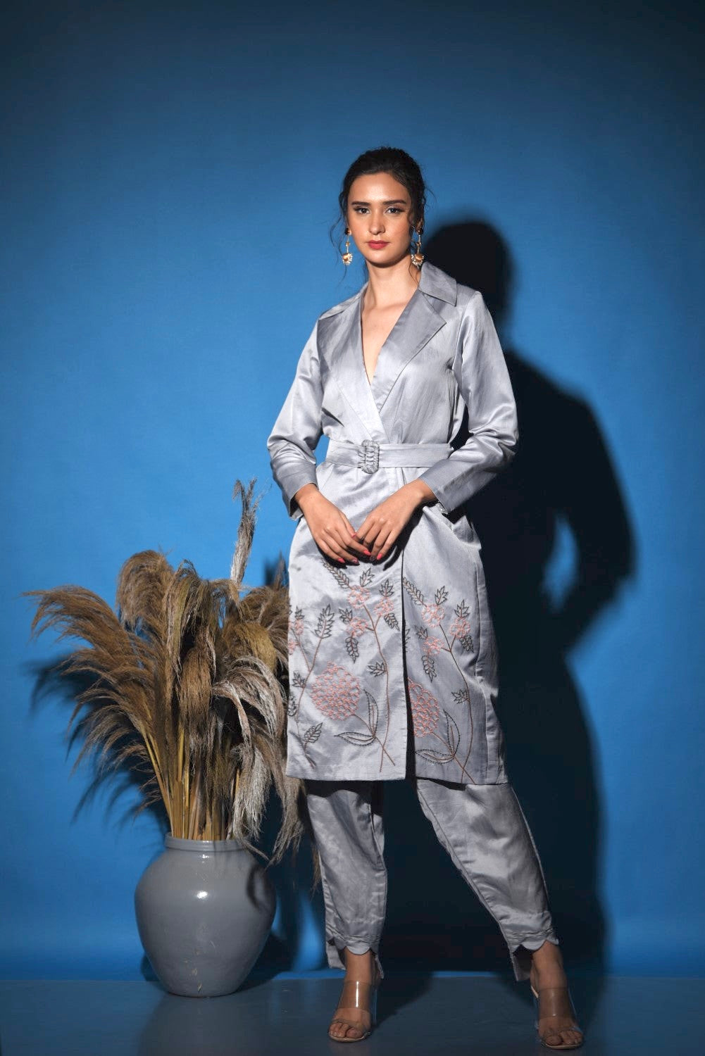 Grey embroidered trench coat style kurti set