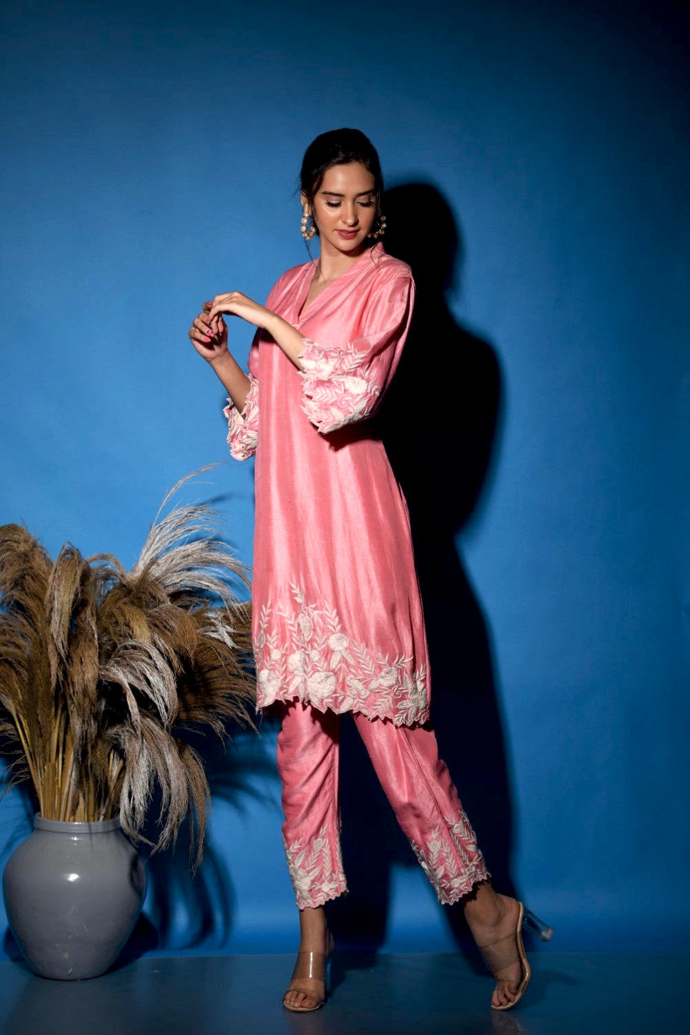 Peachy pink embroidered kurti set