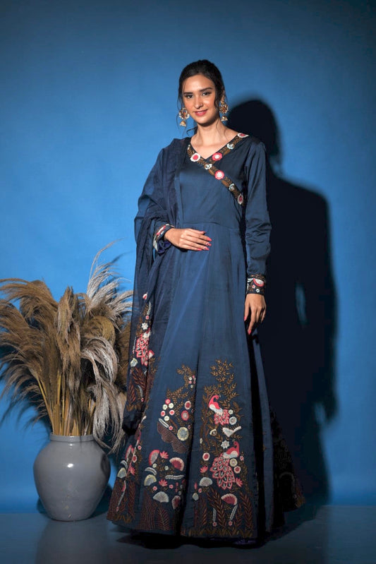 Blue peacock embroidered anarkali gown set