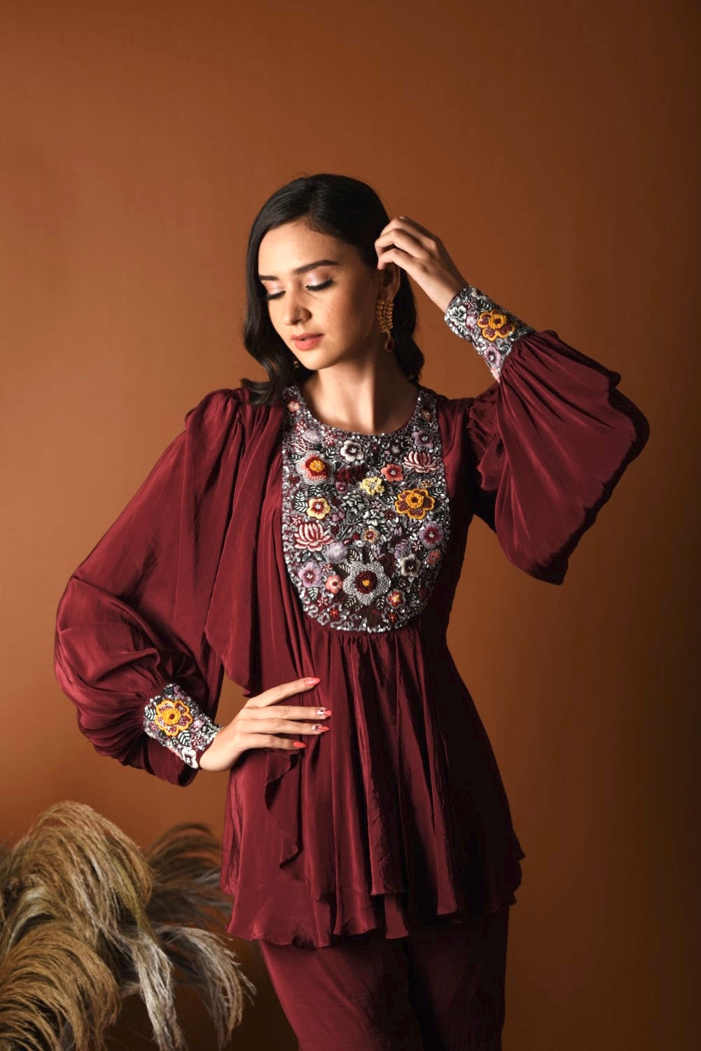 Maroon peplum top and sharara set Label Dee