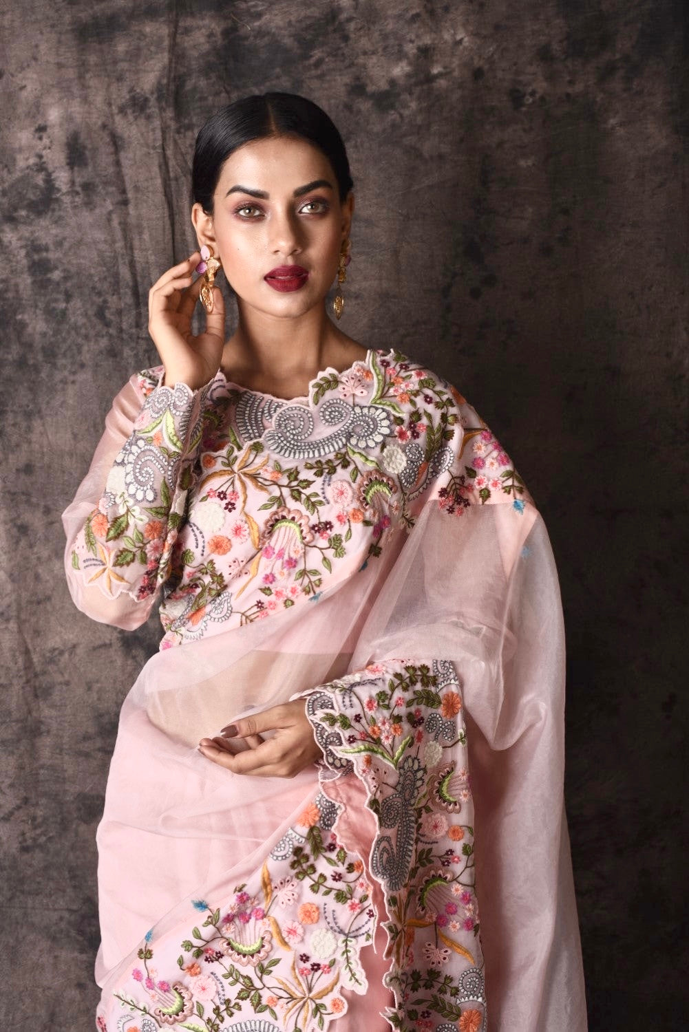 Baby pink embroidered sari with blouse
